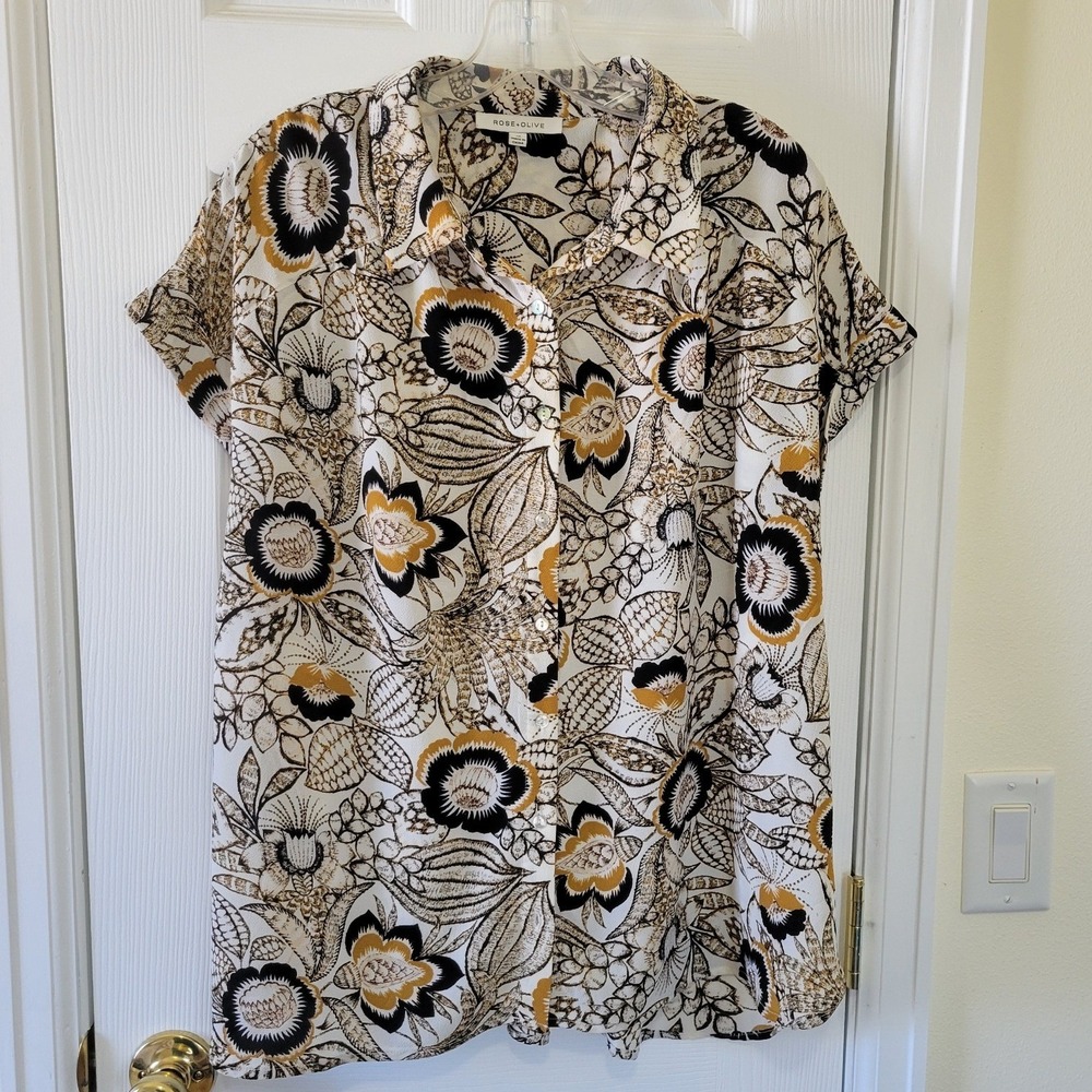 Rose + Olive Floral Button Up Blouse Mustard Black White Short Sleeve 1X